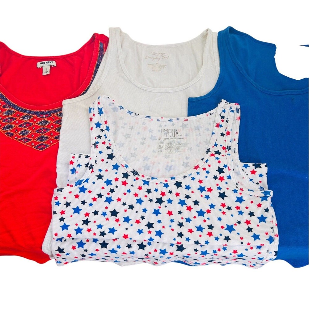 💐 All 4! ~ Patriotic Red White and Blue Tank Tops Size L Stars Solids Beaded